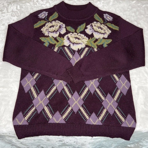 Alfred Dunner Purple Retro Floral Argyle Granny Wool Blend Knit Pullover Sweater - Picture 8 of 9